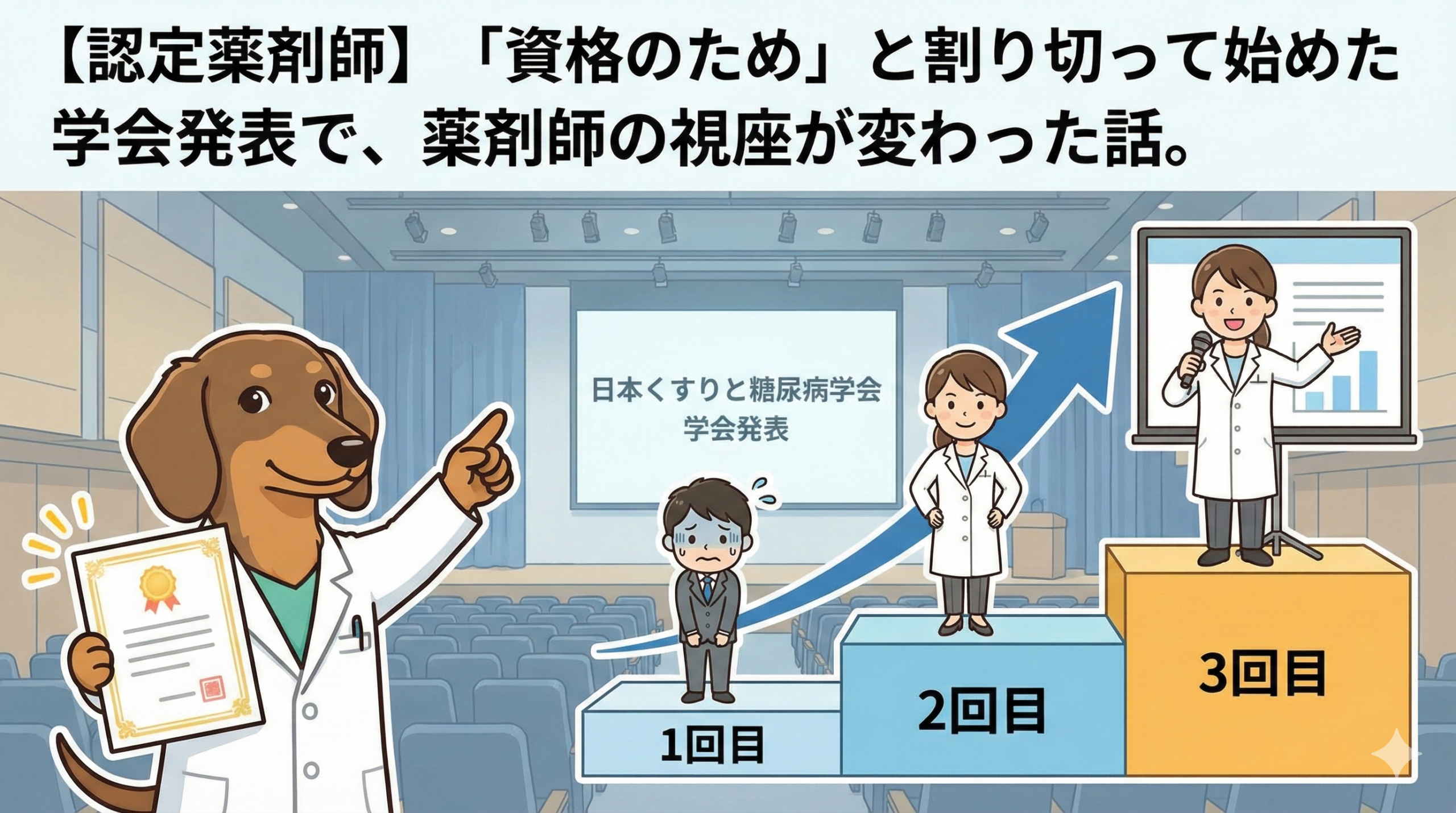 糖尿病薬物療法認定薬剤師の取得に必要な学会発表のハードルと、それを乗り越えて視座が変わった薬剤師の成長を描いたアイキャッチ画像
