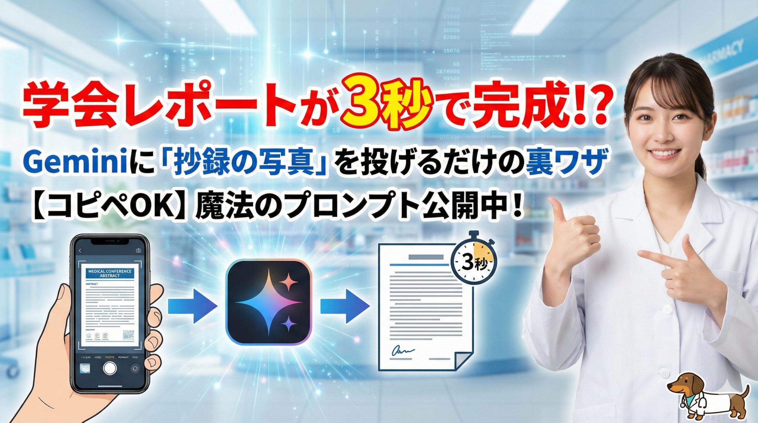 学会レポートが3秒で完成!? Geminiに「抄録の写真」を投げるだけの裏ワザ。【コピペOK】魔法のプロンプト公開中！というタイトル。笑顔の女性薬剤師と白衣を着たダックスフンドが、スマホで撮影した抄録データをAIで自動でレポート化する流れを紹介しているアイキャッチ画像。