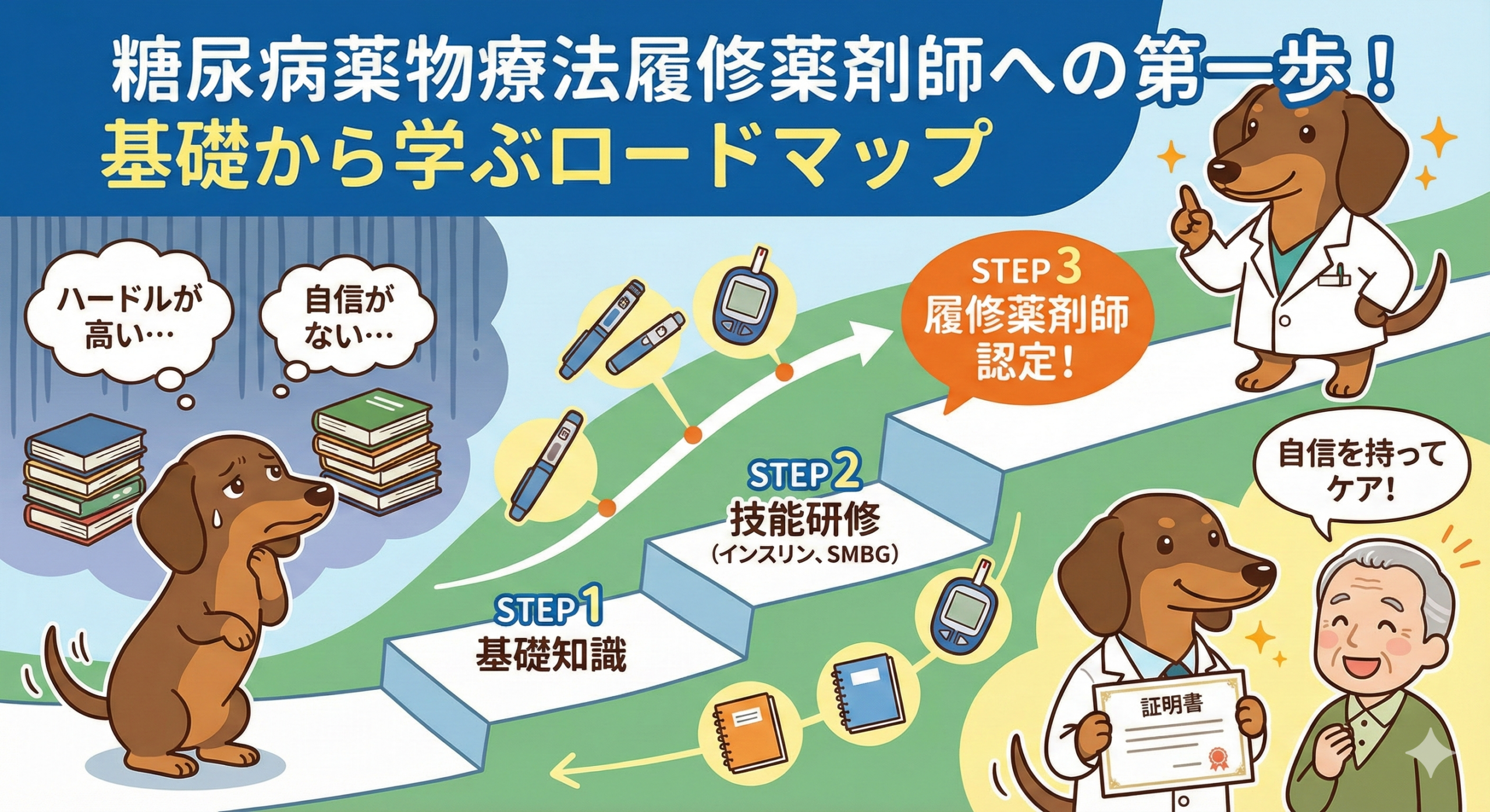 糖尿病薬物療法履修薬剤師への第一歩！基礎から学ぶロードマップ。Step1基礎知識からStep2技能研修を経て認定を取得するまでの流れを図解