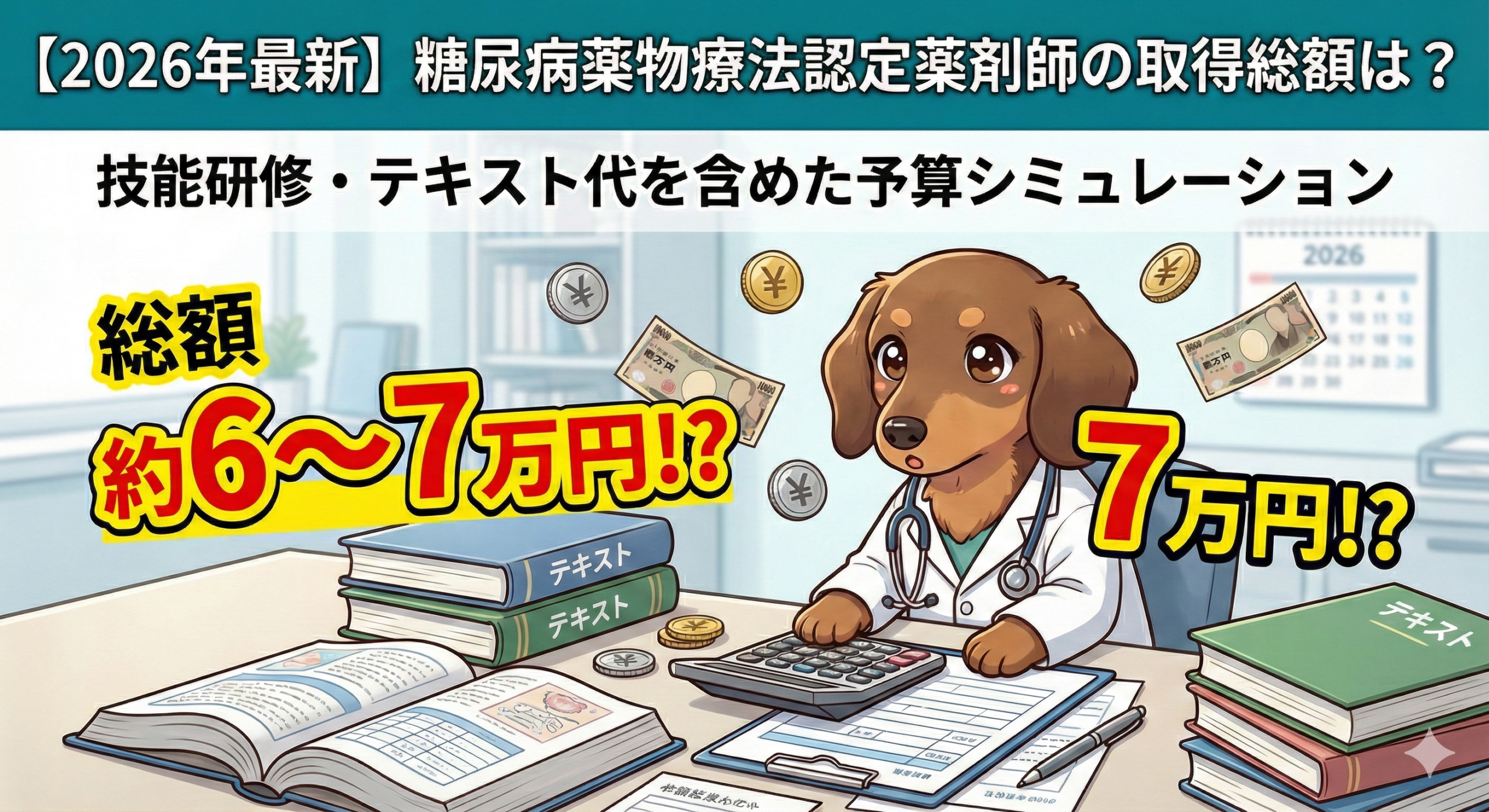 糖尿病薬物療法認定薬剤師の取得総額シミュレーション｜技能研修・テキスト代を含めた費用約6〜7万円を計算する白衣のダックスフンド