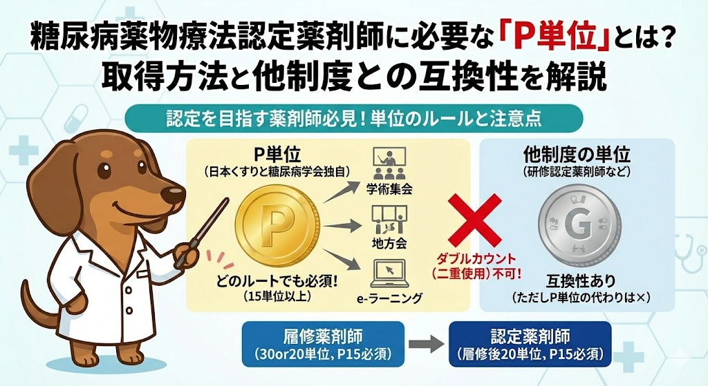 白衣を着た茶色のダックスフンド（なお先生）が、糖尿病薬物療法認定薬剤師に必要な「P単位」について解説している図解。左側には「G単位」「CDEJ単位」「P単位」が絡まり合って悩む男性薬剤師のイラスト、右側には「学術集会」や「e-ラーニング」を経由して認定資格と「JPDS専用通貨（P単位）」を取得する最短ルートが描かれている。